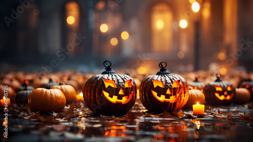 Halloween night, illuminated carved pumpkins