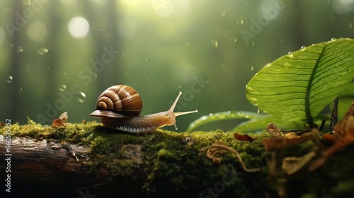 A beautiful snail walking on a leaf in a moist forest, Generative AI