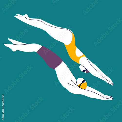 Man and woman swimmers dive. Sports lifestyle concept. Modern flat vector design.