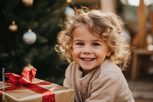 Smile on childs face while opening Christmas present