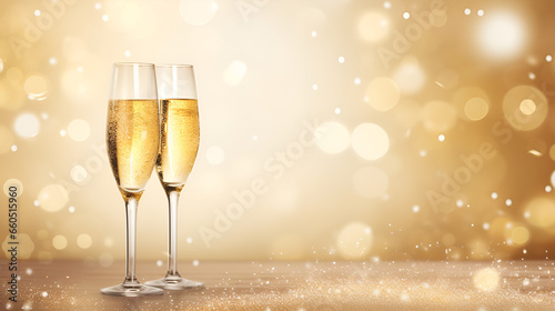 Festive Champagne Glasses against a Glowing bokeh background A Sparkling Welcome to the New Year: Two Glasses of Champagne Amidst Christmas Splendord ai generated 