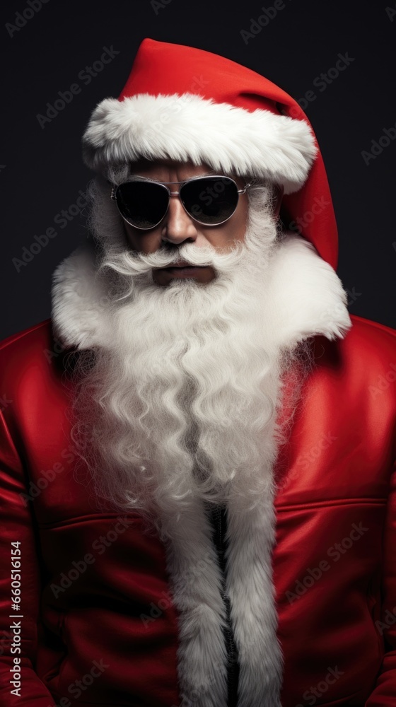 Santa claus with sunglasses and christmas hat.