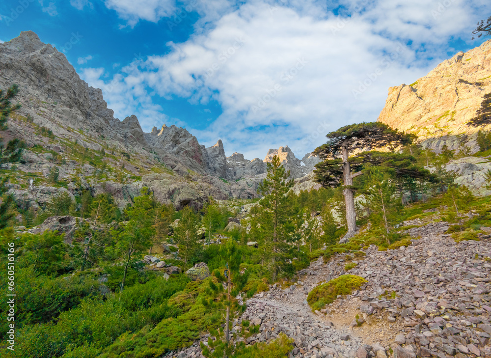 Obraz premium Corse (France) - Corsica is a big marine french island in Mediterranean Sea, with hights mountains. Here a view Monte Cinto peak of island, 2706 meters, with the famous GR20 path.