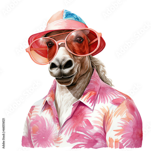 Funny Horse Soaking up the Sun on a Beach Holiday watercolor style