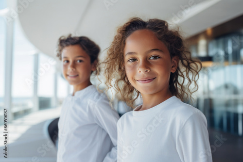 Smiling siblings posing by the window.