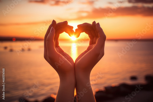 Woman extends her hands toward the sky, forming a heart shape with her fingers