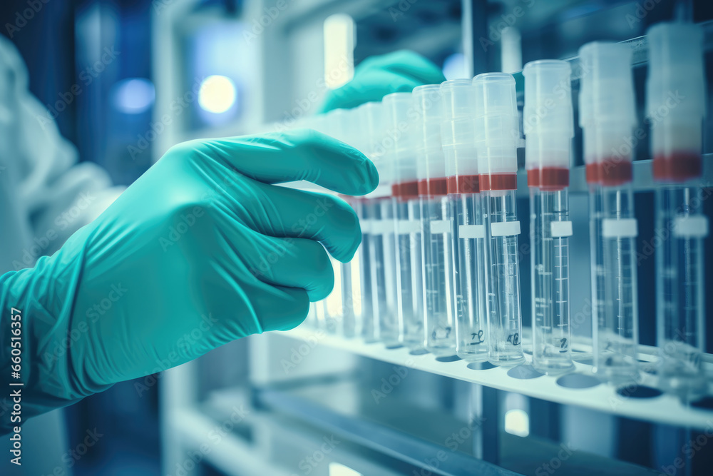 Medical Gloves Handling Test Tube Vials in Laboratory, Vaccine, Covid - Generative AI
