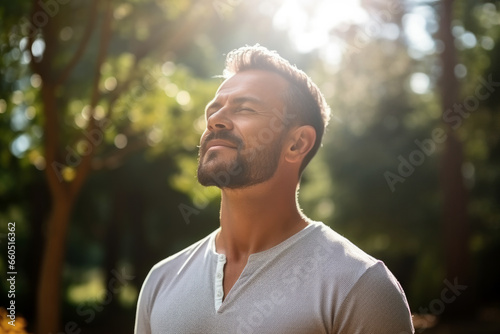 Mindfulness in Nature - Man breathing fresh air in nature