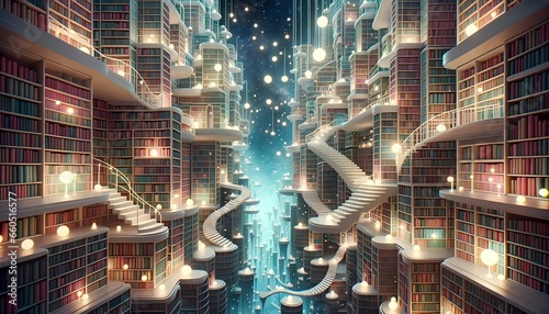 A whimsical library of the mind. Towering bookshelves filled with glowing books stretch infinitely, with ethereal ladders and staircases leading to unknown realms, floating orbs.