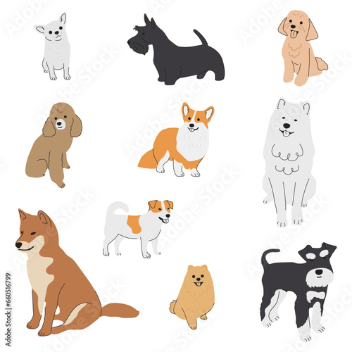 Collection of cute baby dogs cartoon hand drawn style. Collection of dog characters, flat illustration for design, decor, print, stickers, posters. Vector illustration isolated on a white background.