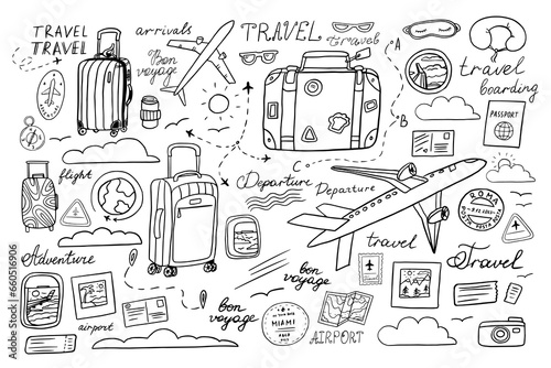 Cute travel set in doodle style. Suitcase, baggage, plane, fly, ticket, postcard, flight, boarding pass, clouds, view from the window, postage stamp, passport stamp, passport, route. Hand drawn