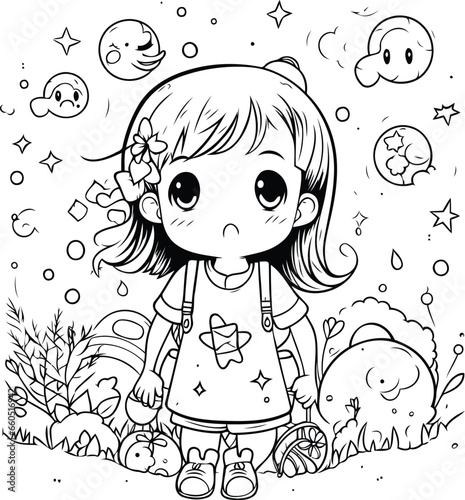 Cute little girl sitting on the grass. Vector illustration. Coloring book for children.