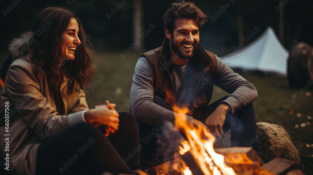 couple is spending time together near a fireplace outdoor Generative Ai