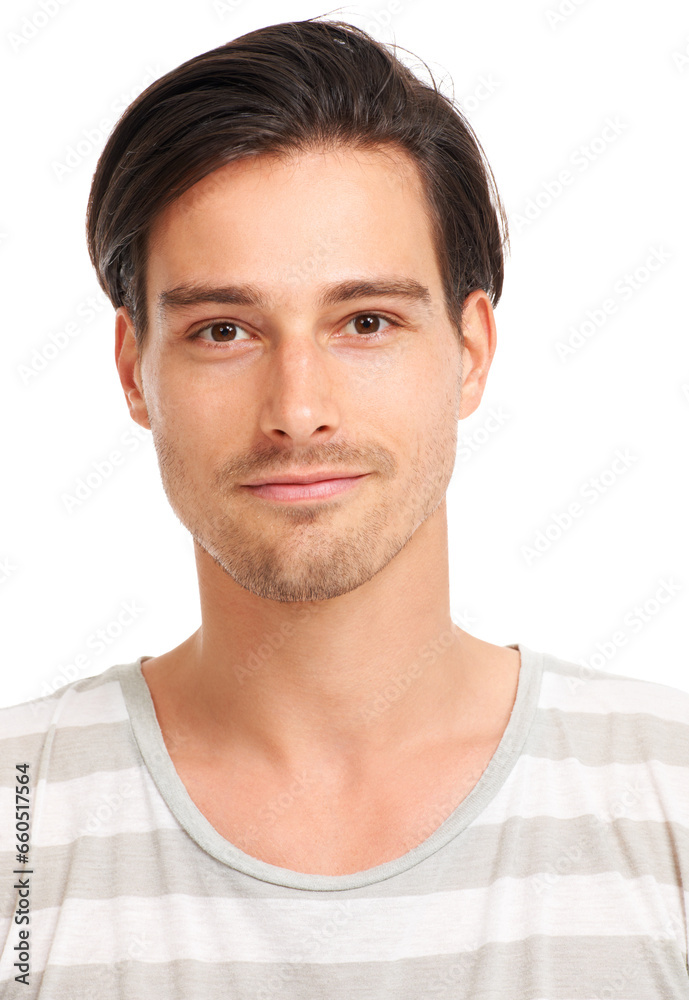 Fototapeta premium Handsome man, face and closeup in portrait, fashion and clean aesthetic with short beard. Young person, confident and student with positive attitude in casual, relaxed and white background in studio