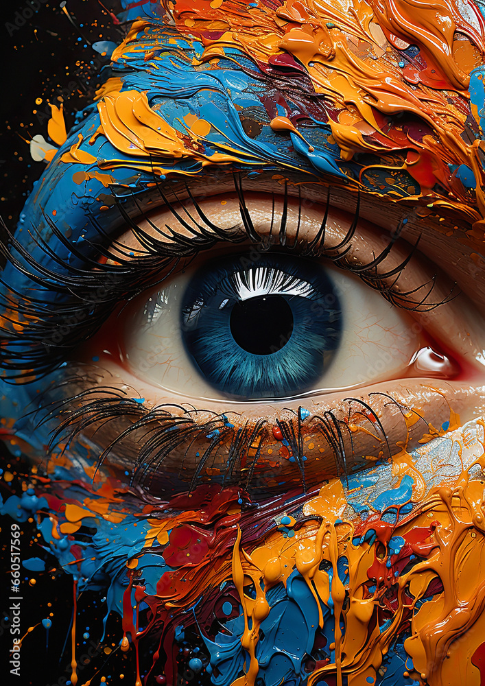 abstract blue eye painted in various colors, in the style of fashion art