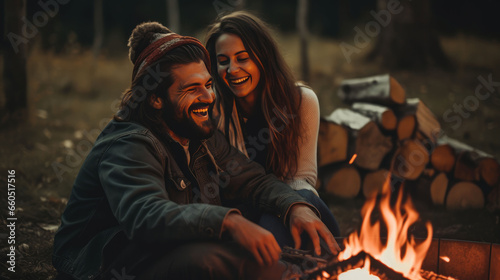 couple is spending time together near a fireplace outdoor Generative Ai