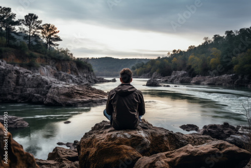 Landscape of River with man sitting on rock