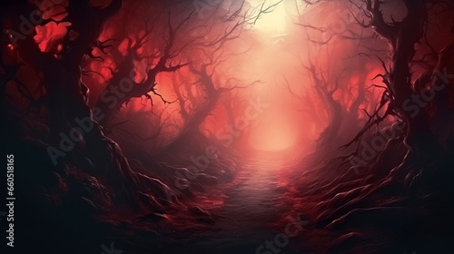 Dark mystical forest with fog, red accent. Generation AI