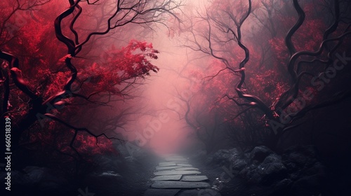 Dark mystical forest with fog, red accent. Generation AI