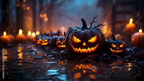 Halloween night, halloween pumpkin within flames in the graveyard 