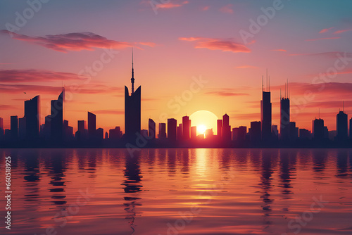 Peace of mind city skyline at sunset Generative AI