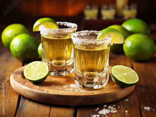 A close-up photo of Mexican tequila shots garnished with lime and salt on a sleek bar counter.