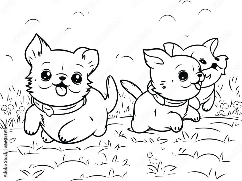 Cute cartoon chihuahua and puppy sitting on the grass
