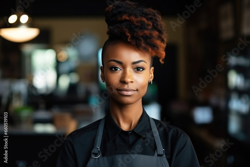 Portrait of a happy smiling black women, small businesses owner in her coffee shop