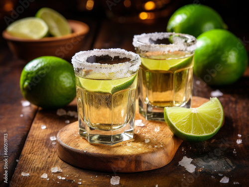 A close-up view of Mexican tequila shots garnished with lime and salt on a wooden surface.