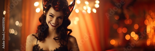 Beautiful Smiling Woman wearing Dessous inspired by the Devil Demon Hell Pact Look - Sinful Elegance Temptress's Smile Enchanting Demon Girl Devil Background created with Generative AI Technology