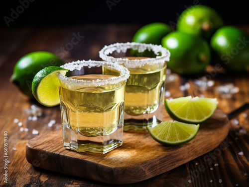 A close-up of three glasses filled with tequila shots garnished with lime and salt.