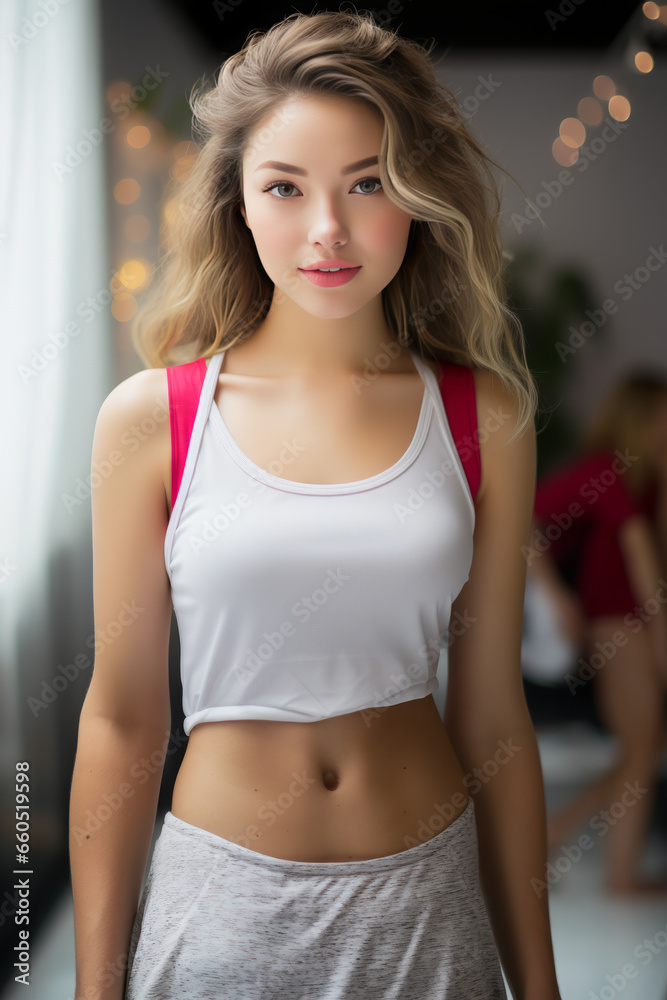 Stunning and beautiful young lady wearing top tanks posing in front of camera. Modeling concept. Stunning and beautiful young lady wearing top tanks posing in front of camera. Modeling concept.