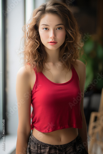 Stunning and beautiful young lady wearing top tanks posing in front of camera. Modeling concept.