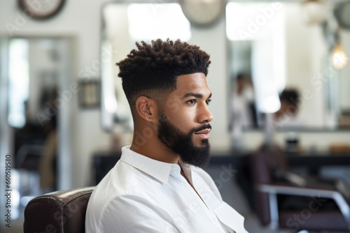 Handsome black man sitting in a chair in front of a mirror at the hairdresser salon