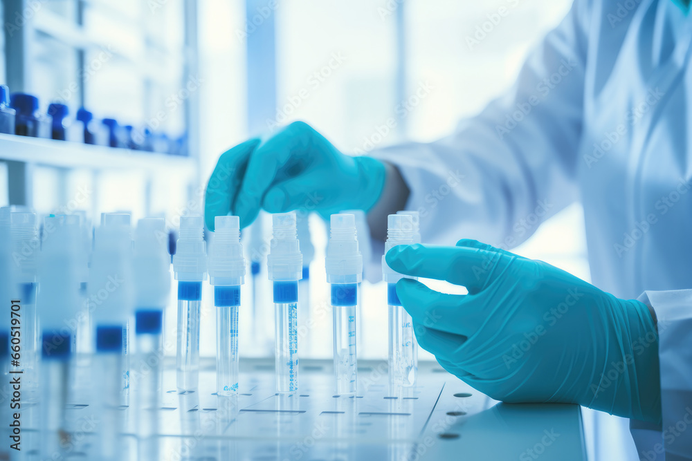 Medical Gloves Handling Test Tube Vials in Laboratory, Vaccine, Covid - Generative AI Medical Gloves Handling Test Tube Vials in Laboratory, Vaccine, Covid - Generative AI