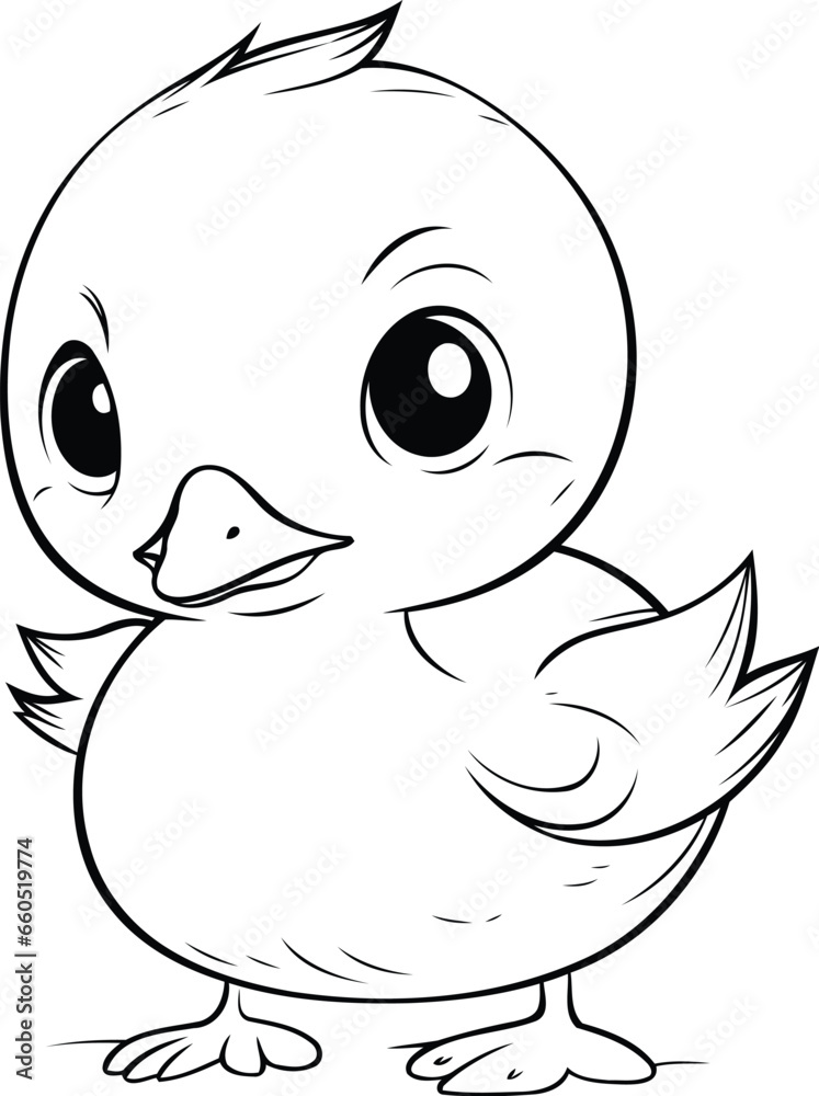 Duckling   Black and White Cartoon Illustration. Isolated on White Background