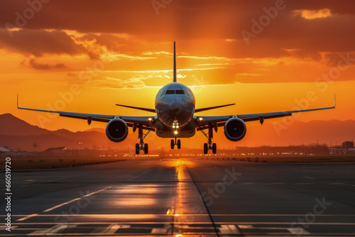 Airplane taking off at sunrise 