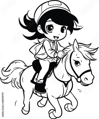 Cute little girl riding a horse. Black and white vector illustration