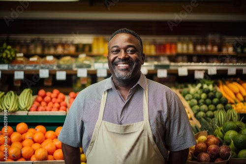 Portrait of a happy smiling African american man grocery shop owner