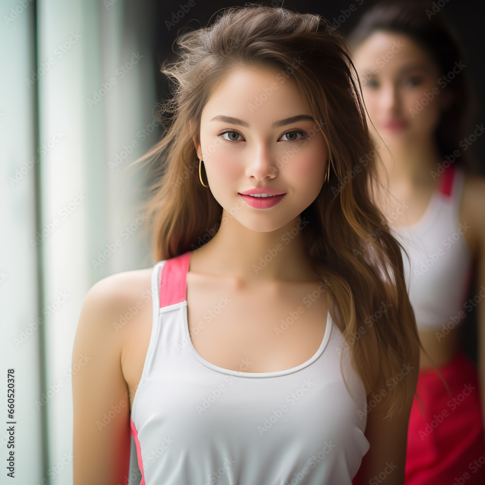 Stunning and beautiful young ladies wearing top tanks looking at the camera. Modeling concept Stunning and beautiful young ladies wearing top tanks looking at the camera. Modeling concept