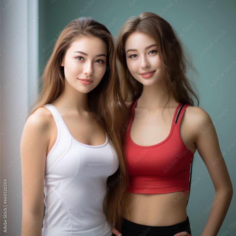 Stunning and beautiful young ladies wearing top tanks looking at the camera. Modeling concept