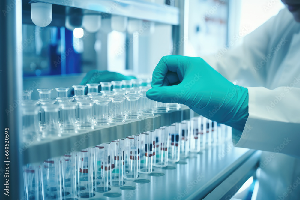 Medical Gloves Handling Test Tube Vials in Laboratory, Vaccine, Covid - Generative AI Medical Gloves Handling Test Tube Vials in Laboratory, Vaccine, Covid - Generative AI