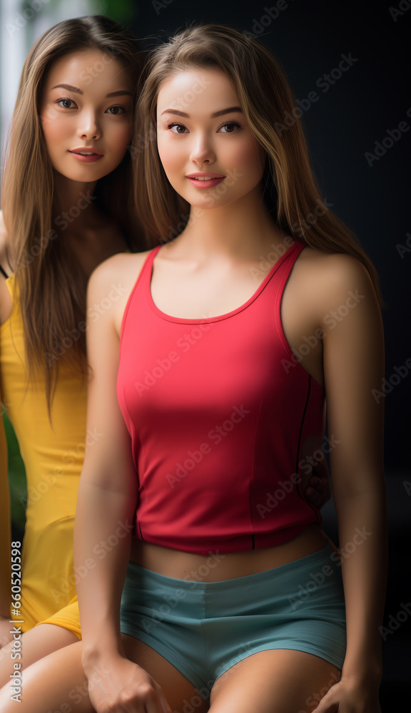 Stunning and beautiful young women wearing top tanks looking at the camera. Modeling concept