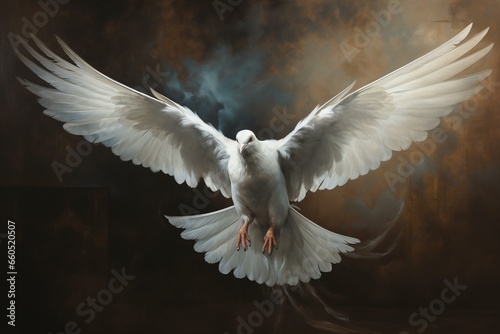 A dove symbolizing peace, with white feathers and gray-blue wings, set against a dark brown background. Generative AI