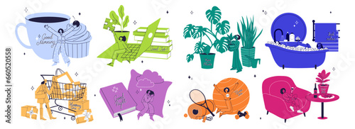 Big vector set of 8 scenes from everyday life. Girl has breakfast, works, goes shopping, sleeps, takes care of plants, takes a bath, does fitness, drinks wine and relaxes. Cartoon flat illustration