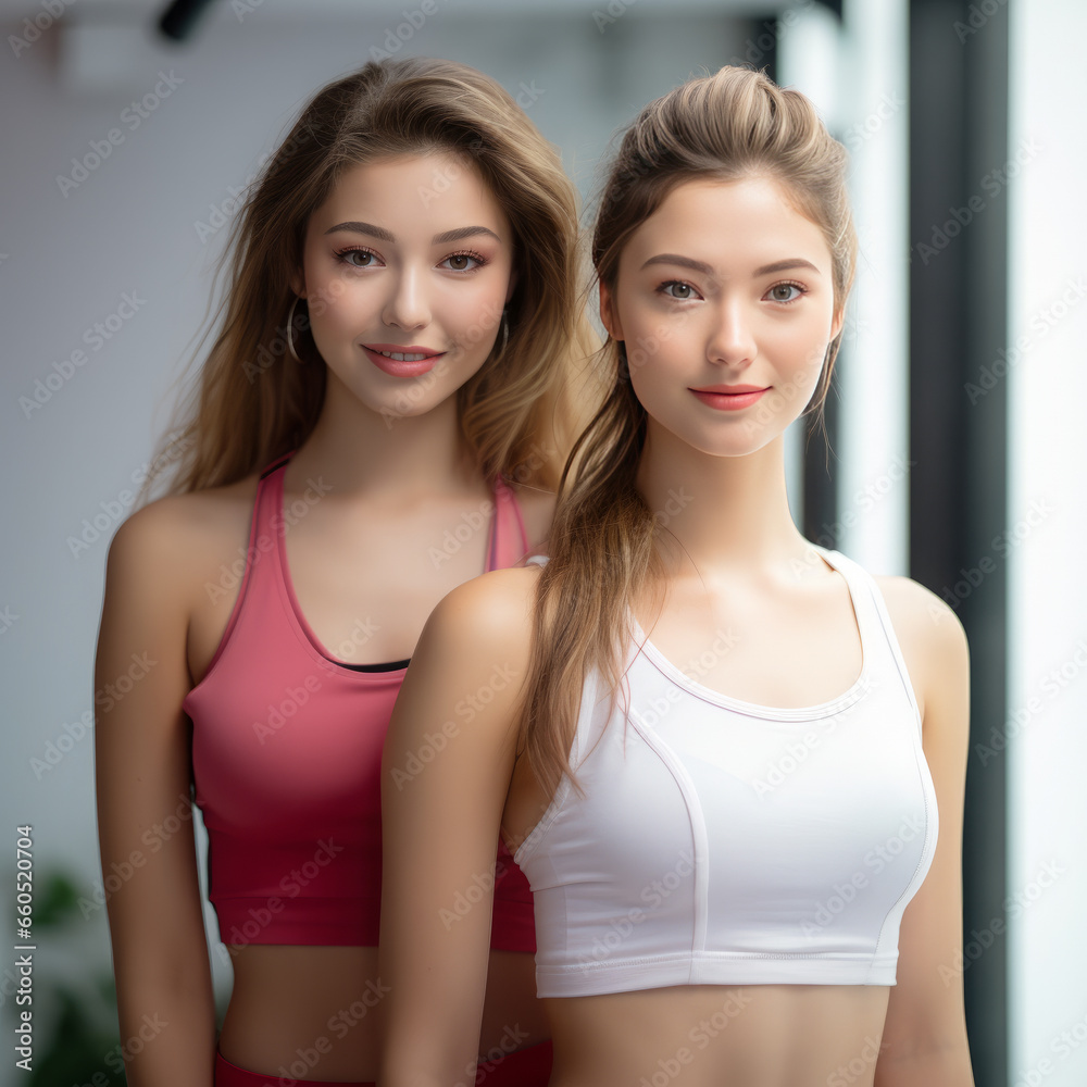 Stunning and beautiful young ladies wearing top tanks posing in front of camera. Modeling concept