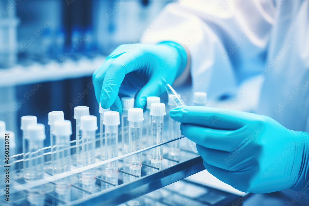 Medical Gloves Handling Test Tube Vials in Laboratory, Vaccine, Covid - Generative AI Medical Gloves Handling Test Tube Vials in Laboratory, Vaccine, Covid - Generative AI
