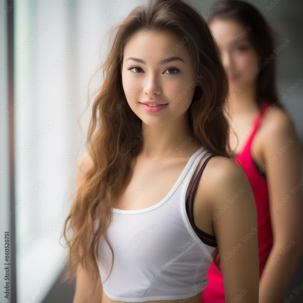 Stunning and beautiful young ladies wearing top tanks posing in front of camera. Modeling concept