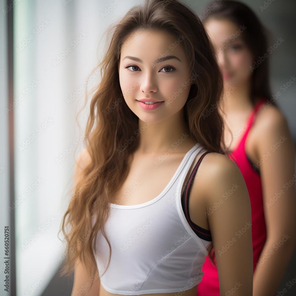 Stunning and beautiful young ladies wearing top tanks posing in front of camera. Modeling concept