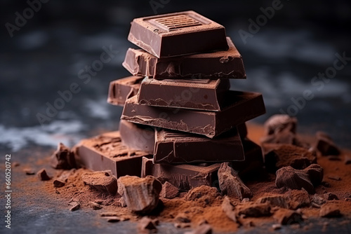 Chocolate chunks and cocoa powder. Chocolate bar pieces. A large bar of chocolate on gray abstract background. Background with chocolate. Slices of chocolate